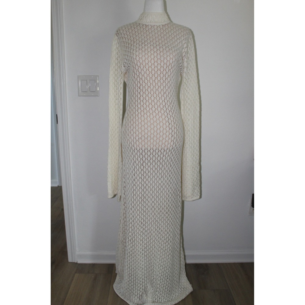 Meshki Julia Crochet Open Back Maxi Dress White Long Sleeve Mock Neck Large NWT